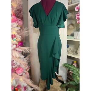 Knitee Sheath Dress Women M Green Good Ruffle Flutter Sleeve V-Neck Midi